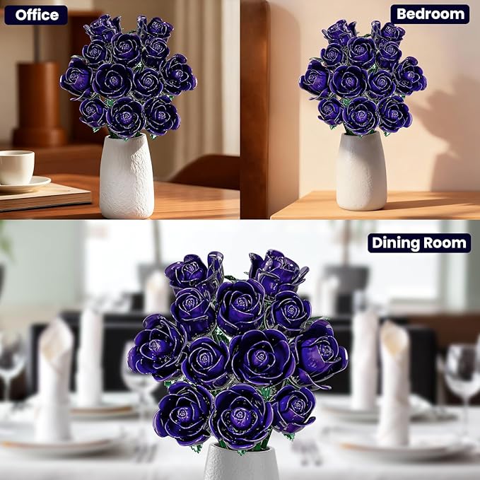 Purple Rose Bouquet Building Set for Girls &amp Boys - 12 Pack Botanical Collection Gift for Easter Basket Artificial Flowers Botanical Collection Centerpiece Retro Decor