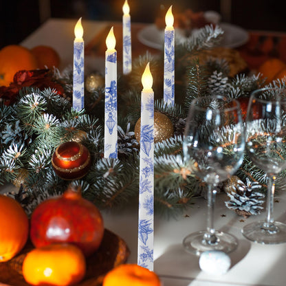 Kittmip 6 Pcs Christmas Blue White Flameless Taper Candles 11 Inch Chinoiserie Battery Operated LED Candlestick Holly Mistletoe Floral Table Centerpiece for Xmas Winter Holiday Party Decoration