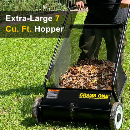 Grass One 26 Inch Push Lawn Sweeper, Leaf and Grass Collector with 7 Cu.Ft Mesh Bag, 4 Spinning PP Brushes, Durable Steel Construction, Adjustable Height & Rubber Tires for Yard Cleanup