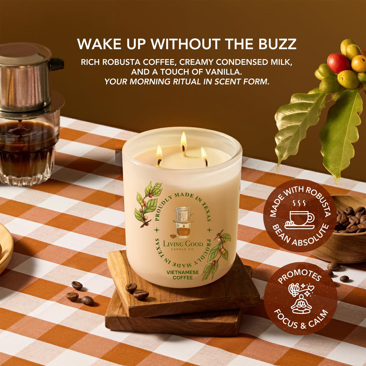 Fresh Robusta Coffee – Pure Beeswax Candle for Men and Women – Non-Toxic Scented Candle for Focus, Clarity & Mood Boosting – 90+ Hour Long Burn – Inspired by Vietnamese Coffee