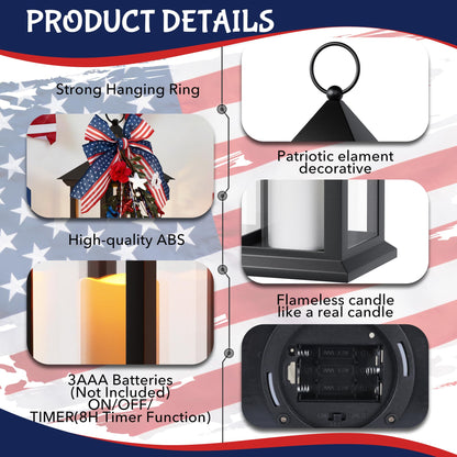 JOHUNT Patriotic Lanterns Decorative Indoor, 14" Black Lantern with Timer Flameless Candle, Battery Operated Waterproof Outdoor Hanging 4th of July Lanterns for Porch, Patio, Patriotic Decorations