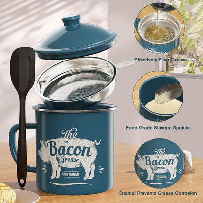 Skiennix Bacon Grease Container - 46oz Enamel Keeper with Strainer & Silicone Spatula | Dishwasher Safe - Blue