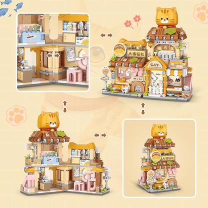 Street View Cute Cat Shop Mini Building Blocks MOC Creative Building Toys Cute Animals Building Set for Girls 6-12 Simulation Architecture Construction Toy Gift Idea for Kids Adults (917 PCS)