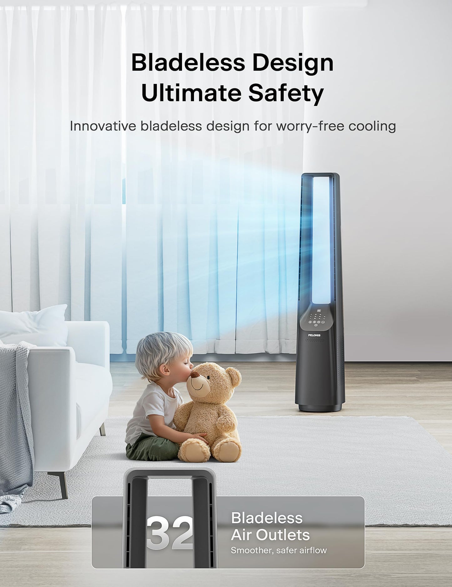 PELONIS 40" Smart Bladeless Fan for Bedrrom - Tower Fan, Alexa/Google/WiFi, DC Motor, 6 Speeds, 4 Modes, Remote, 7H Timer, 90° Oscillation, Safe for Home and Office