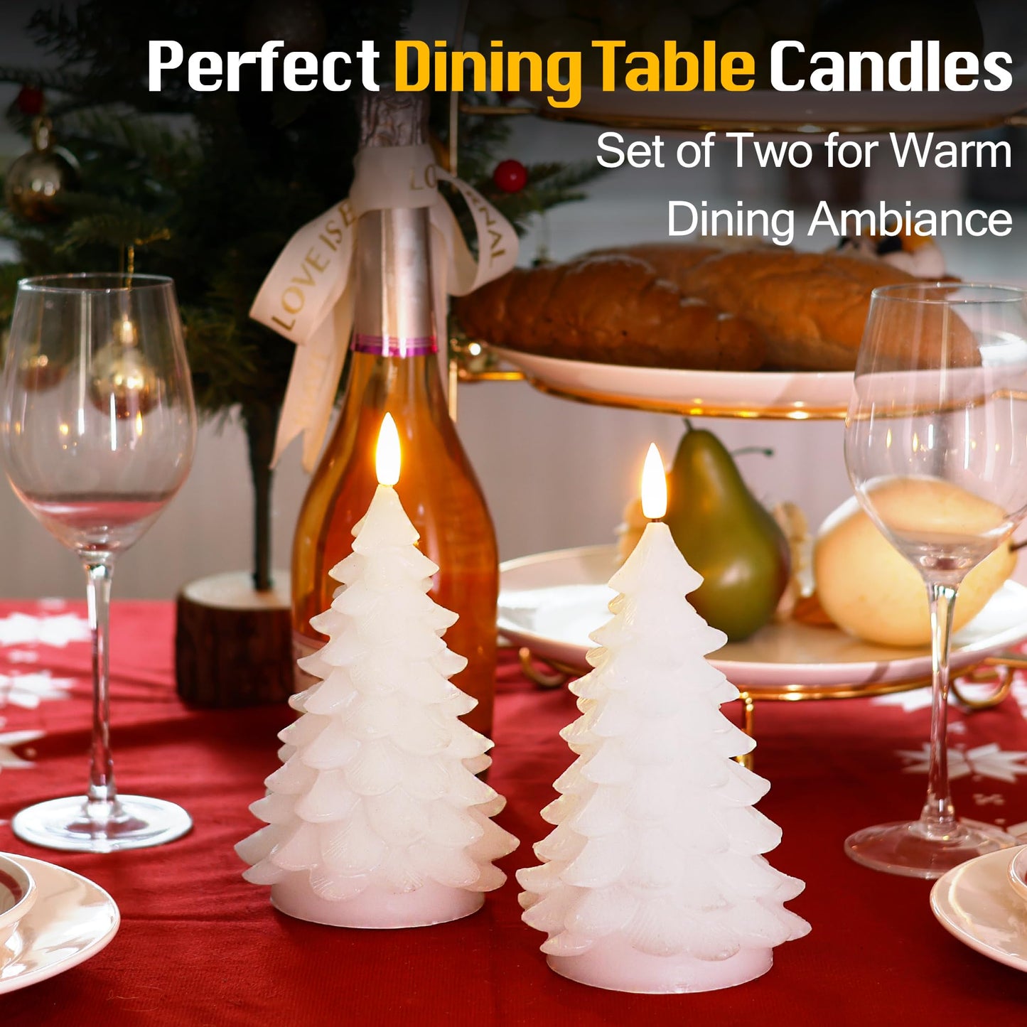 JOIONE Christmas Tree Flameless Candles with Remote Timer,Battery Operated Flickering Candles, LED Real Wax Candles for New Year Celebration, Christmas Decor, Set of 2, White (3.15" X 7.48")