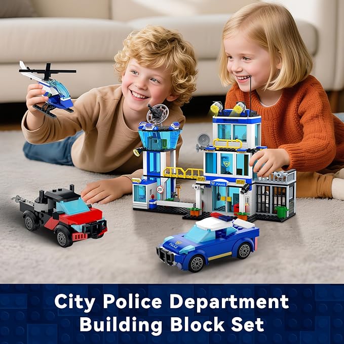 City Police Station Building Block Set with Light 634 PCS HQ Station Kits with Helicopter Police Car and Motorcycle. Ideal as a Birthday Holiday Collectible Gift for 6+ Fans Boys and Girls