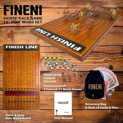 Horse Racing Game for Adults - 11 Luxurious Metal Horses (Silver Black Rose Gold) 16 Dark Pine Wood Race Board Dice &amp Card Included (Dark Color)