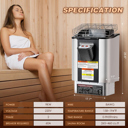 Mxmoonant Sauna Heater, 9KW 220V Electric Sauna Heaters Built-in Digital Control Sauna Stove Dry Steam Sauna Bath for Home Hotel Spa Max. 460 Cu.ft with Sauna Hygrothermograph