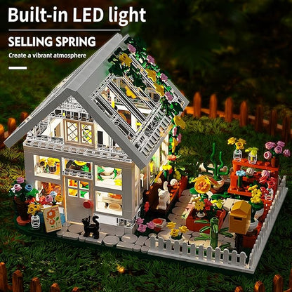 Flower House Building Mini Set with LED City Street View Greenhouse Building Blocks Toy Valentine Xmas Gift for Friends or Girls 8-12 Year