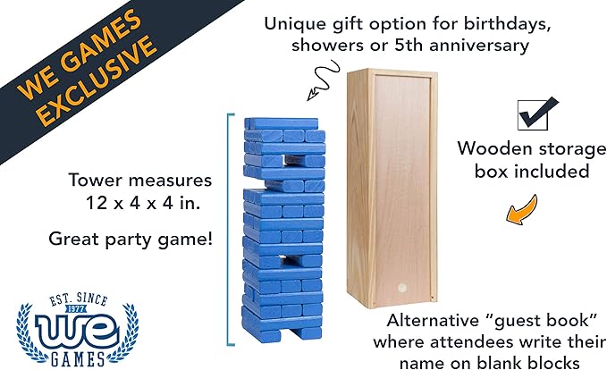 WE Games Wooden Block Stacking Party Game for Adults Tumble Tower Wedding Guest Book Alternative Tabletop Games Includes Storage Case 12 inches