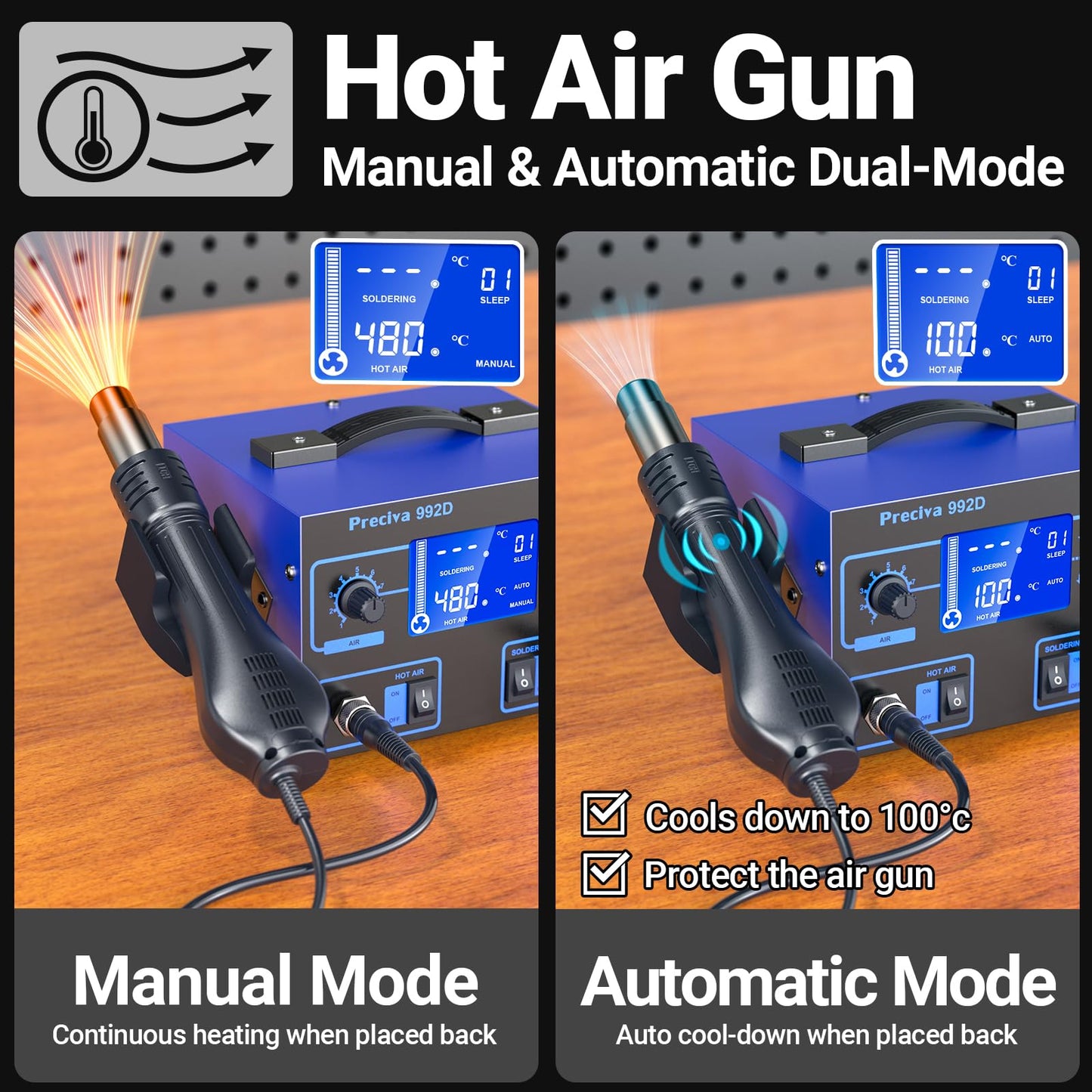 Preciva 992D 2-in-1 Soldering & Hot Air Rework Station with LCD Display – PID Temperature Control, Auto/Manual Hot Air Mode, Sleep Function for Iron, SMD Rework, Electronics Repair (750W)