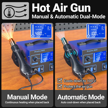 Preciva 992D 2-in-1 Soldering & Hot Air Rework Station with LCD Display – PID Temperature Control, Auto/Manual Hot Air Mode, Sleep Function for Iron, SMD Rework, Electronics Repair (750W)