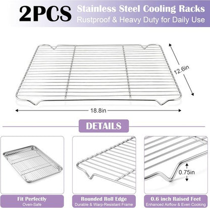 E-far Large Baking Sheet Set - 20 x 14 Inch Stainless Steel Cookie Pans with Wire Racks | Non-Toxic & Heavy Duty