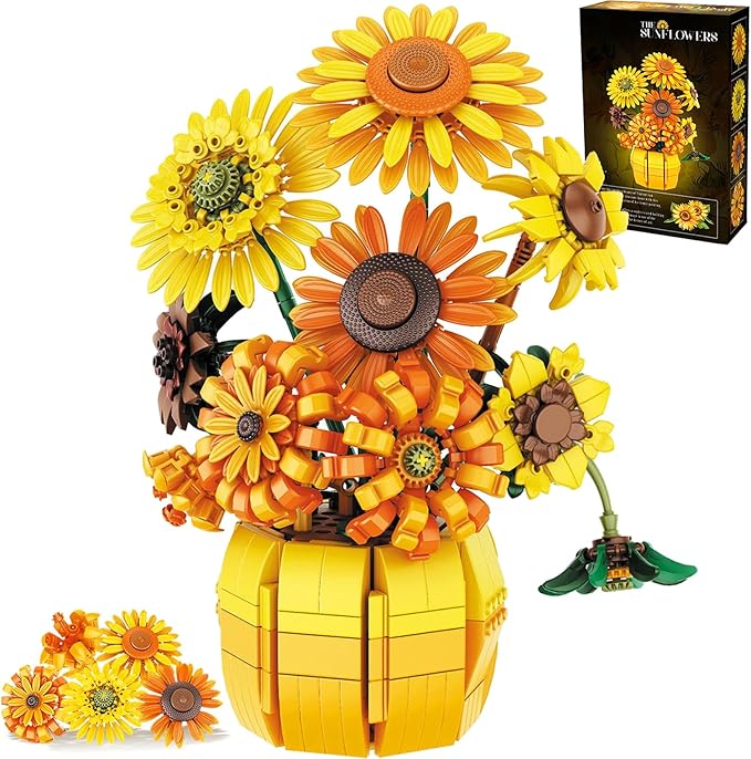 Flowers Building Set for Adults - Sunflowers Building Blocks with Vase 1009PCS Artificial Flowers Botanical Collection Gifts for Christmas Birthday Valentine's Day