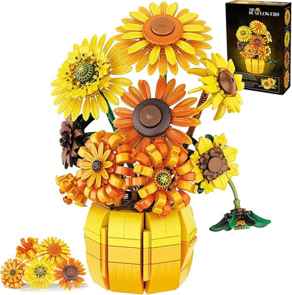 Flowers Building Set for Adults - Sunflowers Building Blocks with Vase 1009PCS Artificial Flowers Botanical Collection Gifts for Christmas Birthday Valentine's Day