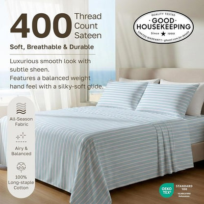 California Design Den Twin XL Cotton Sheets Set - 100% Soft Cotton, 400 Thread Count, Award-Winning Cape Stripe Blue