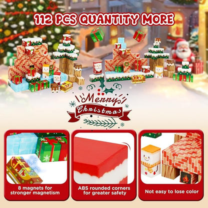 Magnetic Blocks-Build a Fantasy World Christmas Edition Magnetic Tiles112Pcs-Magnetic Building Blocks Educational Toys Kids Ages 3 4 5 6 7 8 STME Montessori Sensory Toys (112P)