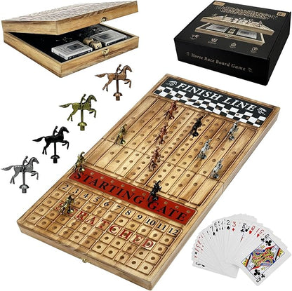 Large 23 inches Horse Racing Board Game with 11 Luxury Metal Horses Foldable Wood Horse Race Board Game with 2 Sets of Dice 2 Boxes of Cards for Parties and Gambling