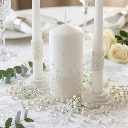 Magik Life Unity Candle Set - Wedding Ceremony & Reception Candle– 6” Pillar & Two 10” Taper Candles – Long Burning Unity Candles for Marriage Ritual – Handmade in USA – White |Pearls| Luxury