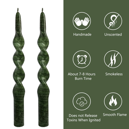 Snake Pattern Spiral Taper Candles Set of 2, 10 Inch Green Handmade Candle Stick, Unscented Twisted Candles, Tapered Candles for Wedding Dinner Home Decor Gift
