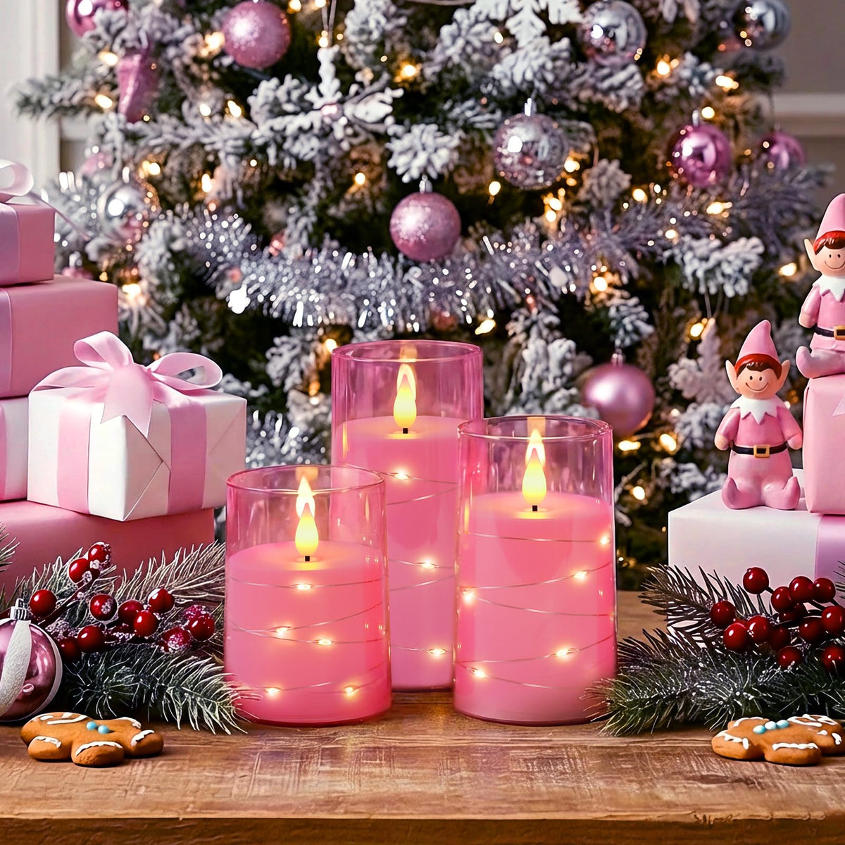 Homemory Flameless Pink Candles with Embedded Star String Fairy Lights, Battery Operated Candles, LED Candle, Fake Candles with Remote Control and Timer, Set of 3(H 4" 5" 6”)