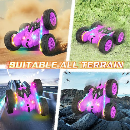Remote Control Car Rc Cars Stunt RC Car Toys New Upgraded Strip Lights and Headlights Girl Toys Double-Sided 360° Rotating 4WD Drift Truck for Boys Girls Birthday Gift (Purple)