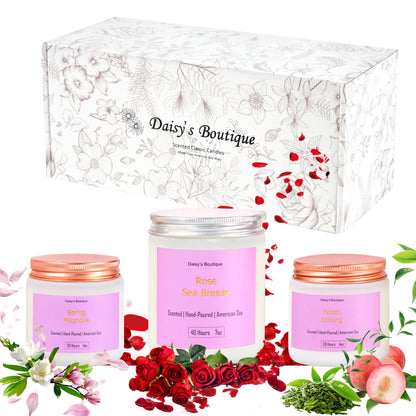 Scented Candles for Home Aromatherapy Candle Gift Present Set Soy Wax Long Lasting Gift Birthday Mother's Day Thanksgiving 3 Pack ((Peach Oolong + Rose + Magnolia) White Glass Jar)