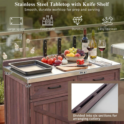 Merax Farmhouse 39.4" Grill Cart with Drawer, Storage Cabinet and Stainless Steel Top, Outdoor Grill Station w/Internal Racks & Lockable Wheels, Modular Kitchen Island for Food Prep & BBQ, Dark Brown