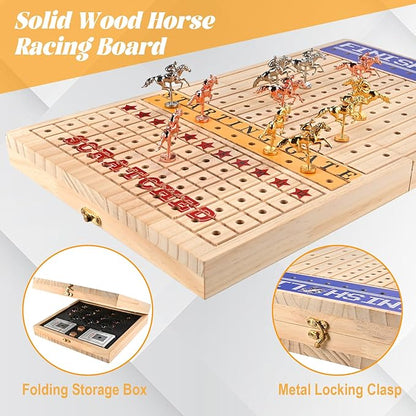 Horse Racing Board Game Foldable Wood Horse Race Game with 11 Metal Horses 2 Dice 2 Decks of Cards and 120Pcs Chips for Friends Adults Family Party Game Night