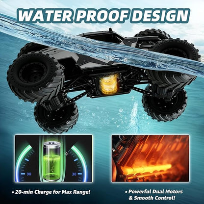 1:8 Large Amphibious RC Car – 4WD Waterproof Monster Truck Drives on Water &amp Land All Terrain Remote Control Truck with LED Lights Toy for Kids 3 Years and Up