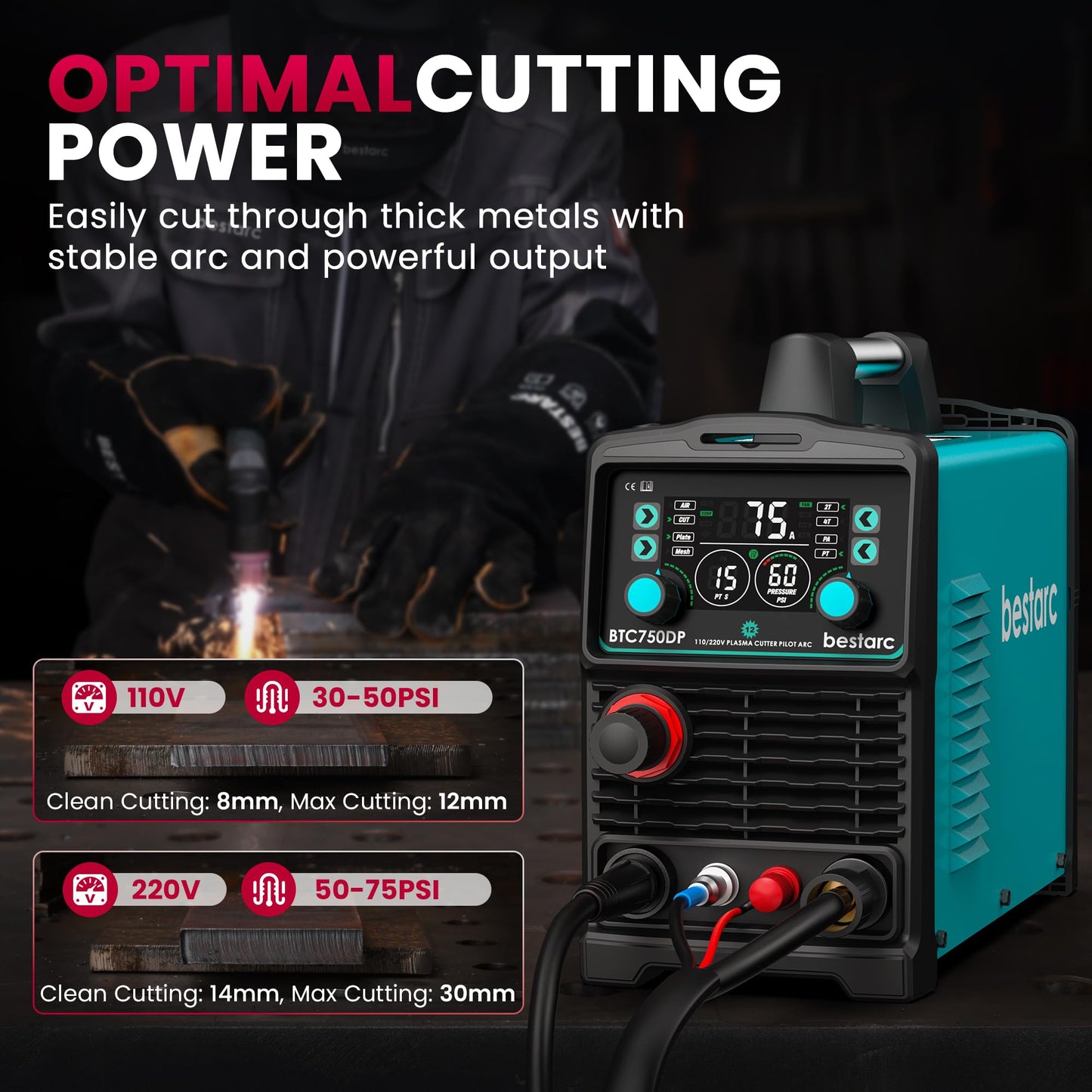 bestarc Pilot Arc Plasma Cutter, [Large LED Display][Air Sensor] 75A Plasma Cutter Machine 110/220V Dual Voltage, 1/2 Inch Clean Cut 1.2 Inch Max Cut, Post Flow Mesh, 2T/4T for Beginners DIY