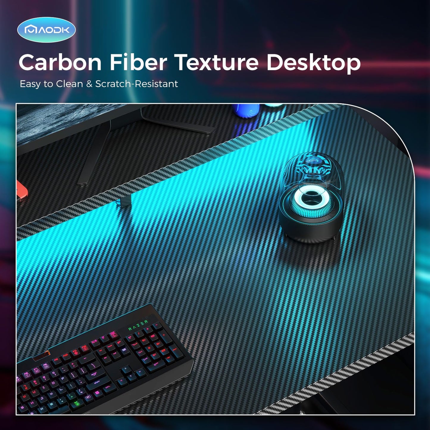 AODK Computer Desk, 48 Inch Gaming Desk with Led Lights & Power Outlet, Office Desk with Printer Storage Shelves, Reversible Desk with Monitor Shelf & Headphone Hook, Carbon Fiber Black