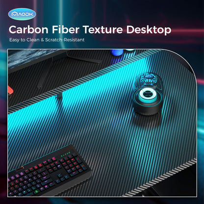 AODK Computer Desk, 48 Inch Gaming Desk with Led Lights & Power Outlet, Office Desk with Printer Storage Shelves, Reversible Desk with Monitor Shelf & Headphone Hook, Carbon Fiber Black