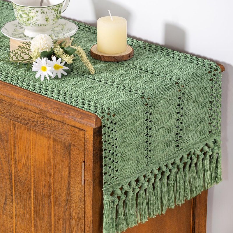 Socomi Sage Green Boho Table Runner Macrame Long Easter Spring Farmhouse Woven Cotton Linen Rustic Coffee Table Runner with Tassels for Dresser Scarf Home Decor Dining Room 12x108 inch