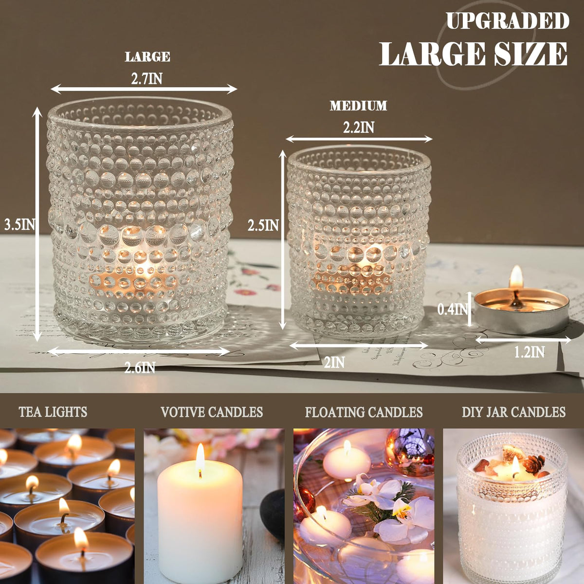 12pcs Large Votive Candle Holder, 2.7 * 3.5in Clear Glass Tea Light Candle Holders Bulk for DIY Wax Wedding Table Decor & Christmas Thanksgiving