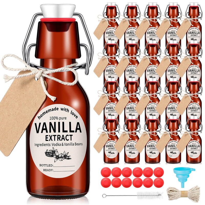 Vesici 12 Sets Swing Top Glass Bottles Set Amber Homemade Vanilla Extract Bottles Vanilla Extract Jars for Christmas DIY Crafts (8 Oz)