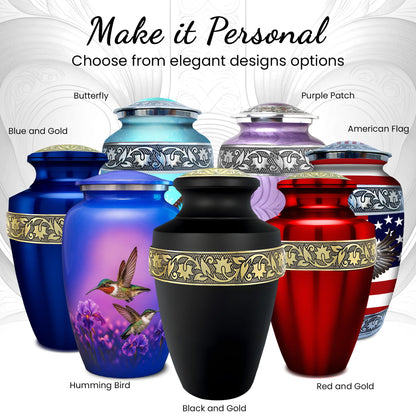 Set of 6 Black & Gold Decorative Cremation Urns for Ashes Adult Male & Female Includes 1 Large Black Urn with 4 Small Keepsakes & 1 NecklaceUrn for Human Ashes