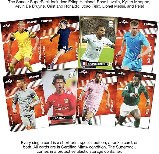 Soccer Superpack - Best Selling Trading Cards - Lionel Messi Mbappe Pele Haaland Cristiano Ronaldo &amp More - 8 cards plus bonuses - All Certified Mint+