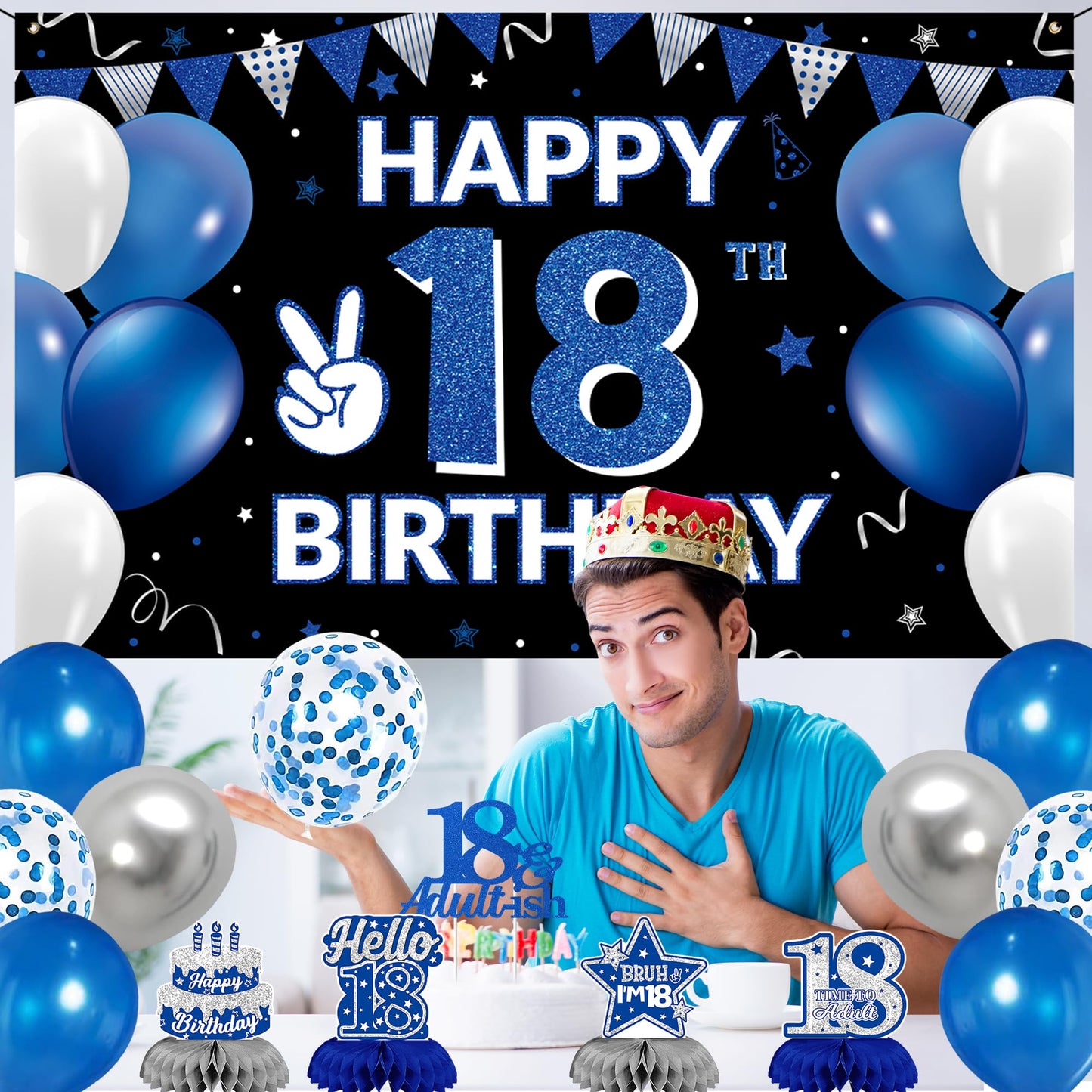 DARUNAXY 18th Birthday Party Decorations for Boys Girls, Blue Time To Adult 18 Banner, 18 Number Balloons & Cake Topper, Cheers To 18 Years Old Birthday Honeycomb Hanging Swirl Confetti Balloons