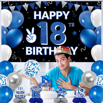 DARUNAXY 18th Birthday Party Decorations for Boys Girls, Blue Time To Adult 18 Banner, 18 Number Balloons & Cake Topper, Cheers To 18 Years Old Birthday Honeycomb Hanging Swirl Confetti Balloons