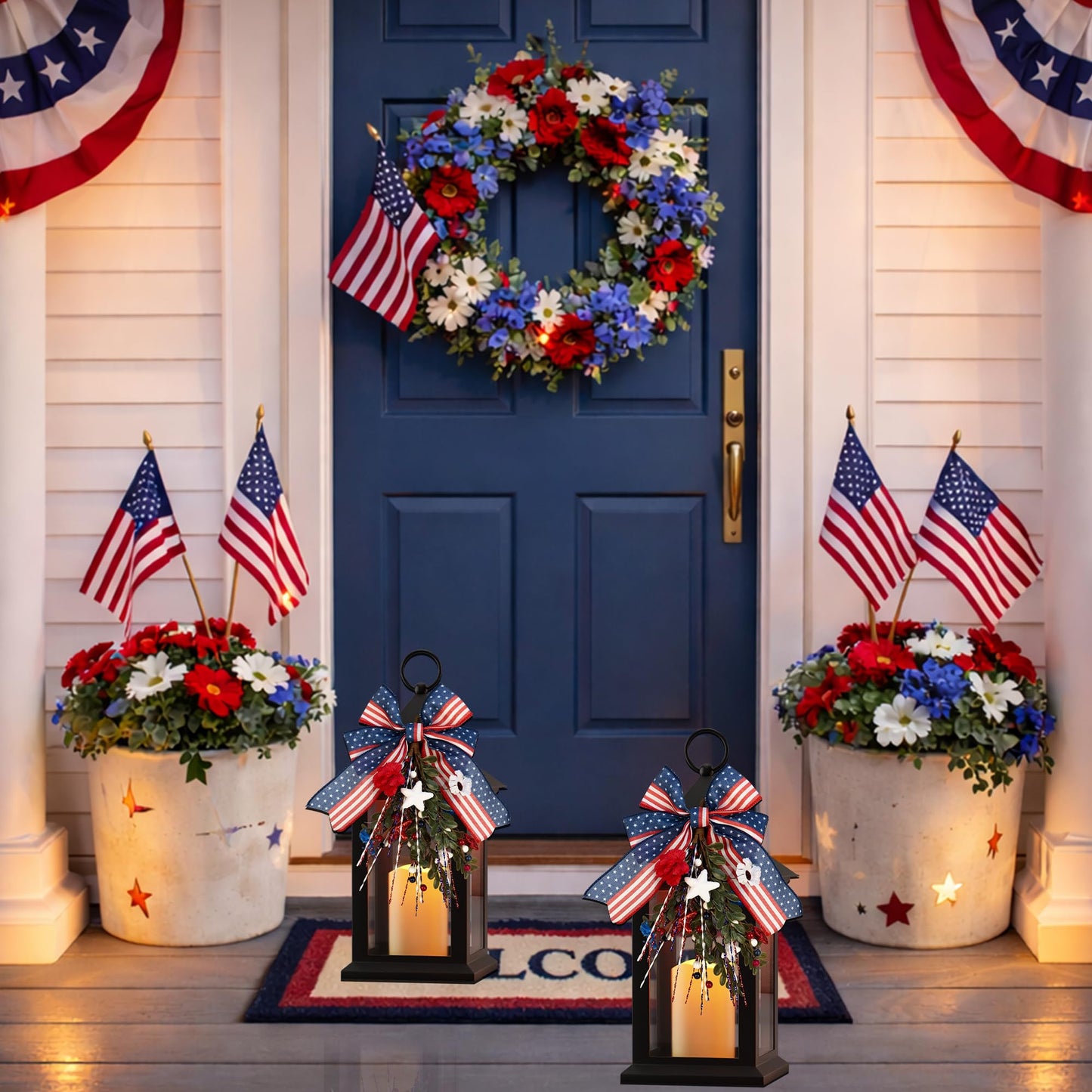 JOHUNT Patriotic Lanterns Decorative Indoor, 14" Black Lantern with Timer Flameless Candle, Battery Operated Waterproof Outdoor Hanging 4th of July Lanterns for Porch, Patio, Patriotic Decorations