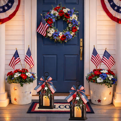 JOHUNT Patriotic Lanterns Decorative Indoor, 14" Black Lantern with Timer Flameless Candle, Battery Operated Waterproof Outdoor Hanging 4th of July Lanterns for Porch, Patio, Patriotic Decorations