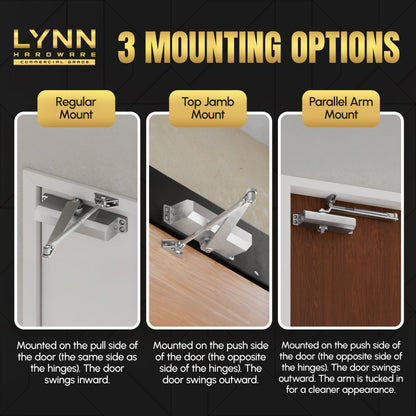 LYNN HARDWARE Medium Duty Automatic Door Closer (Dark Bronze) - Highly Durable Cast Aluminum, Commercial or Home Use, Adjustable Speed Controls, 3 Mounting Options, 3 Hour Fire Rated (DC6003 Model)