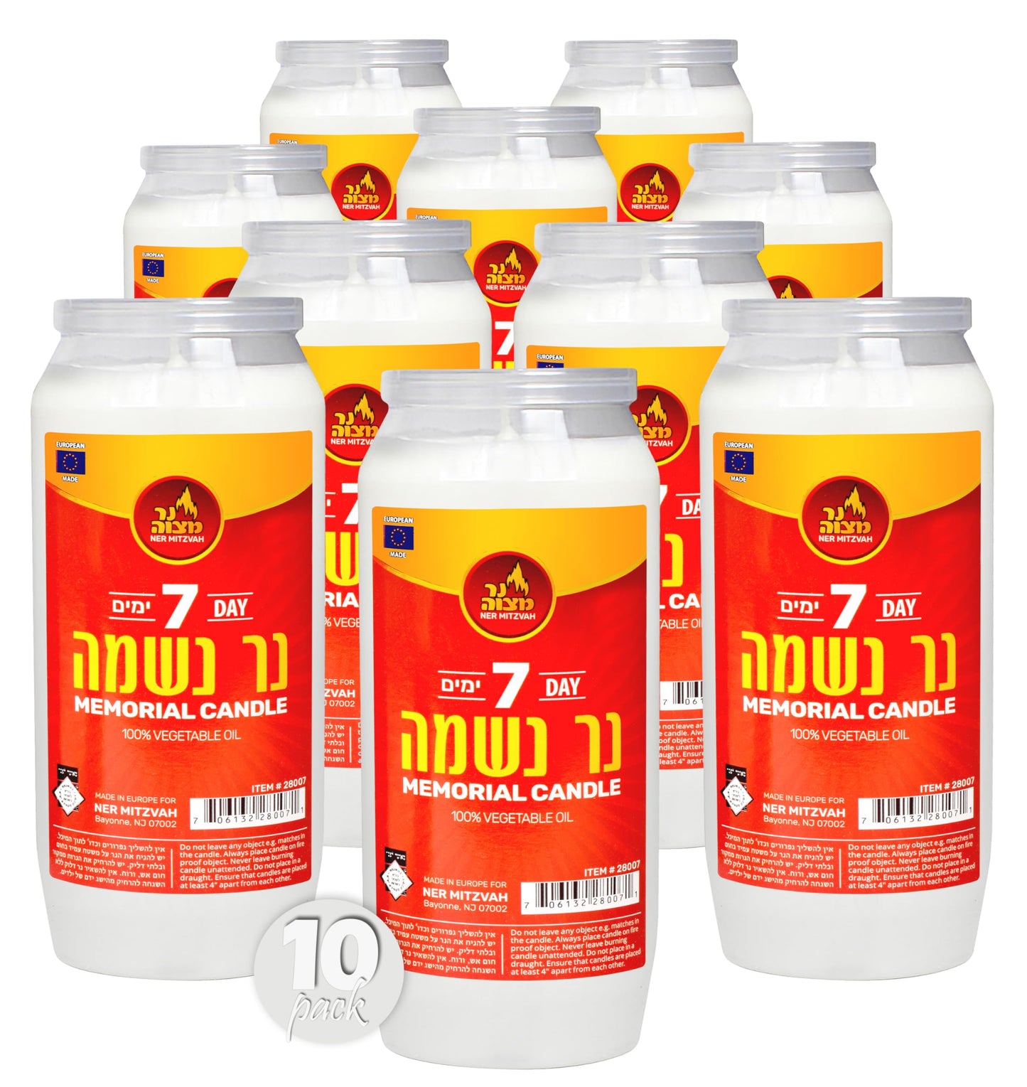 Ner Mitzvah 7 Day Yartzeit Candle - 10 Pack Kosher Yahrtzeit Memorial and Yom Kippur Candle in Plastic Holder