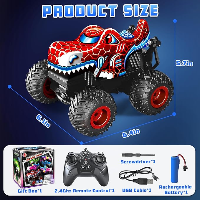 Remote Control Monster Truck 2.4Ghz Spider Rc Monster Truck Toys Rchargeable Kids Cars Vehicle with Musics Lighting Effect 360°Stunts Rc Spider Toys Birthday Gifts for Boys 3 4 5+