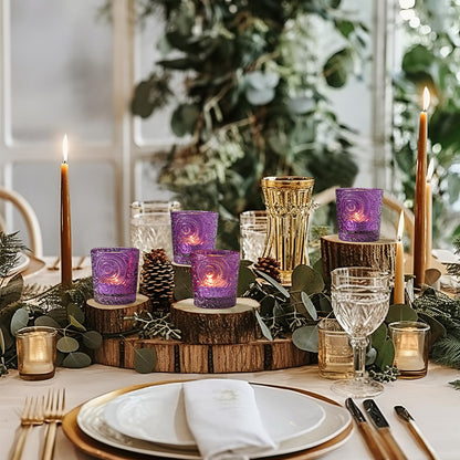 6 Pack Sun Moon Star Embossed Glass Tea Light Candle Holders - Votive Candle Holders for Wedding, Party, Home Decor, and Table Centerpieces (Amethyst Purple)