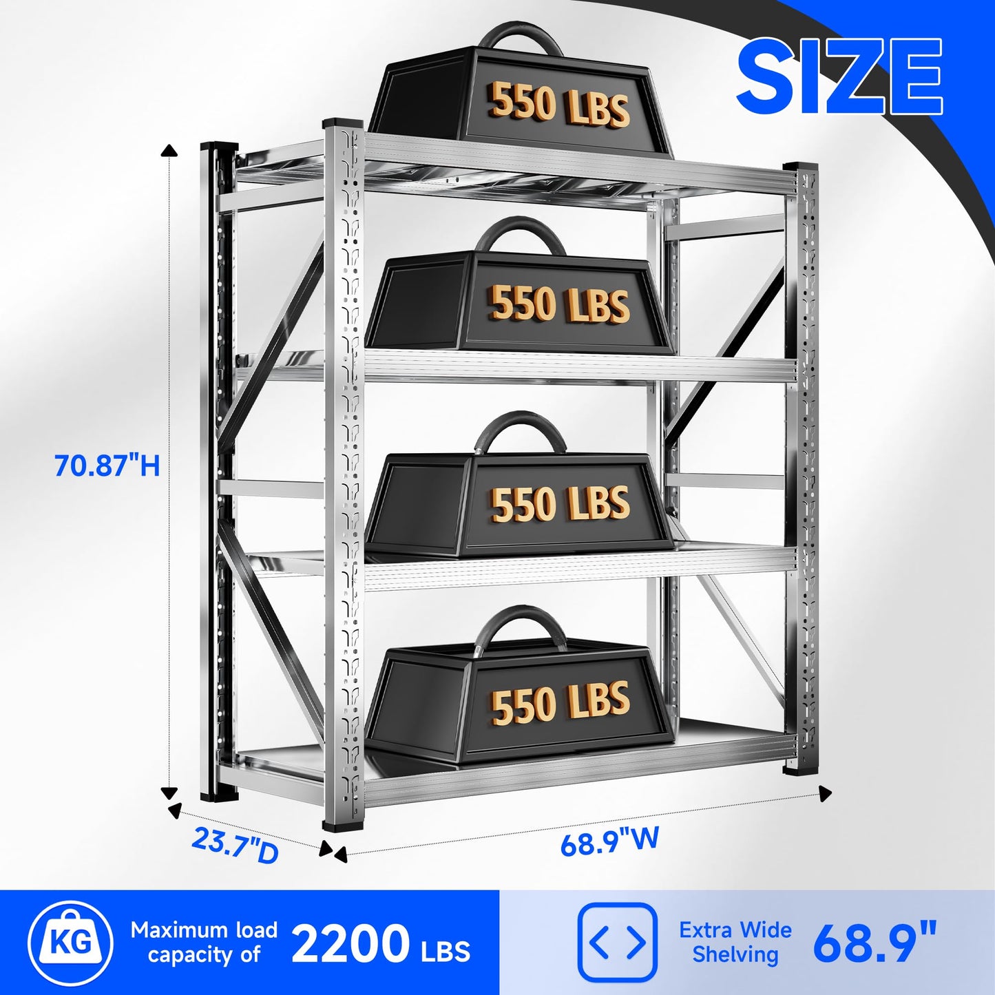 Kobito 68.9W'' Storage Shelves 4 Tier Stainless Steel Shelf Utility Rack Shelf 2200LBS Adjustable Shelf Storage Rack for Garage Supermarket, Warehouse,Industrial,Basement,68.9" Wx70.87''Hx23.7''D