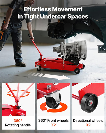 VEVOR Adjustable Floor Transmission Jack 1000 LBS Low Profile Hydraulic Transmission Telescoping Heavy-Duty Lift Jack 6.3-25.2 in Lifting Height, 360° Swivel Front Wheels