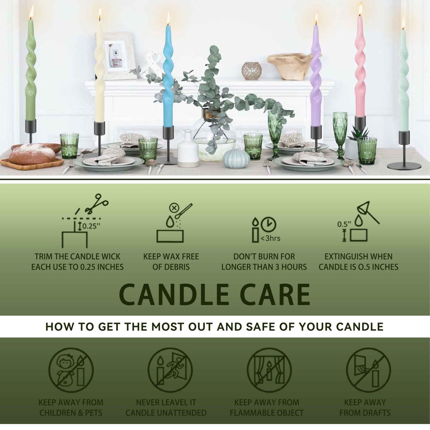 10 Inches Spiral Taper Candles Sticks Olive Green Twisted Candle Dripless Unscented Long Candles, Handmade Candlesticks for Wedding Dinner Decor, Set of 4