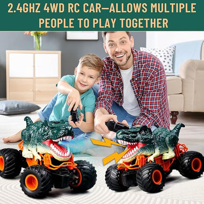 Dinosaur Monster Truck Toys - Remote Control Dinosaur Car 2.4Ghz RC Truck with Lights Music &amp Spray - Electric Hobby RC Cars for Toddlers - Birthday Gift for Kids Boys Girls Ages 3-8 (Green)
